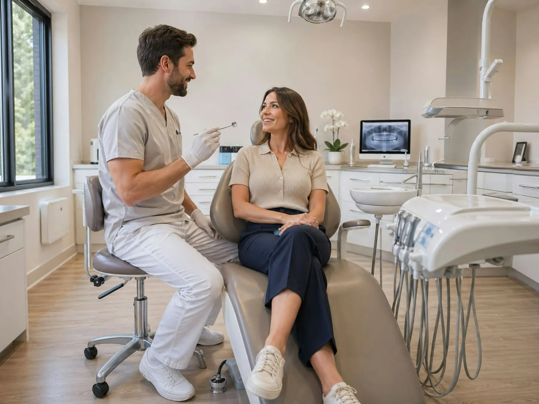 Dentista conversando com uma paciente sorridente no consultório